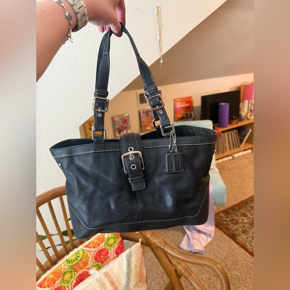 Coach Hamptons Leather Carryall F12602 - black/ silver hardware authentic chunky